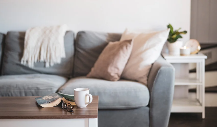 comfortable gray sofa with pillows and coffee mug on table